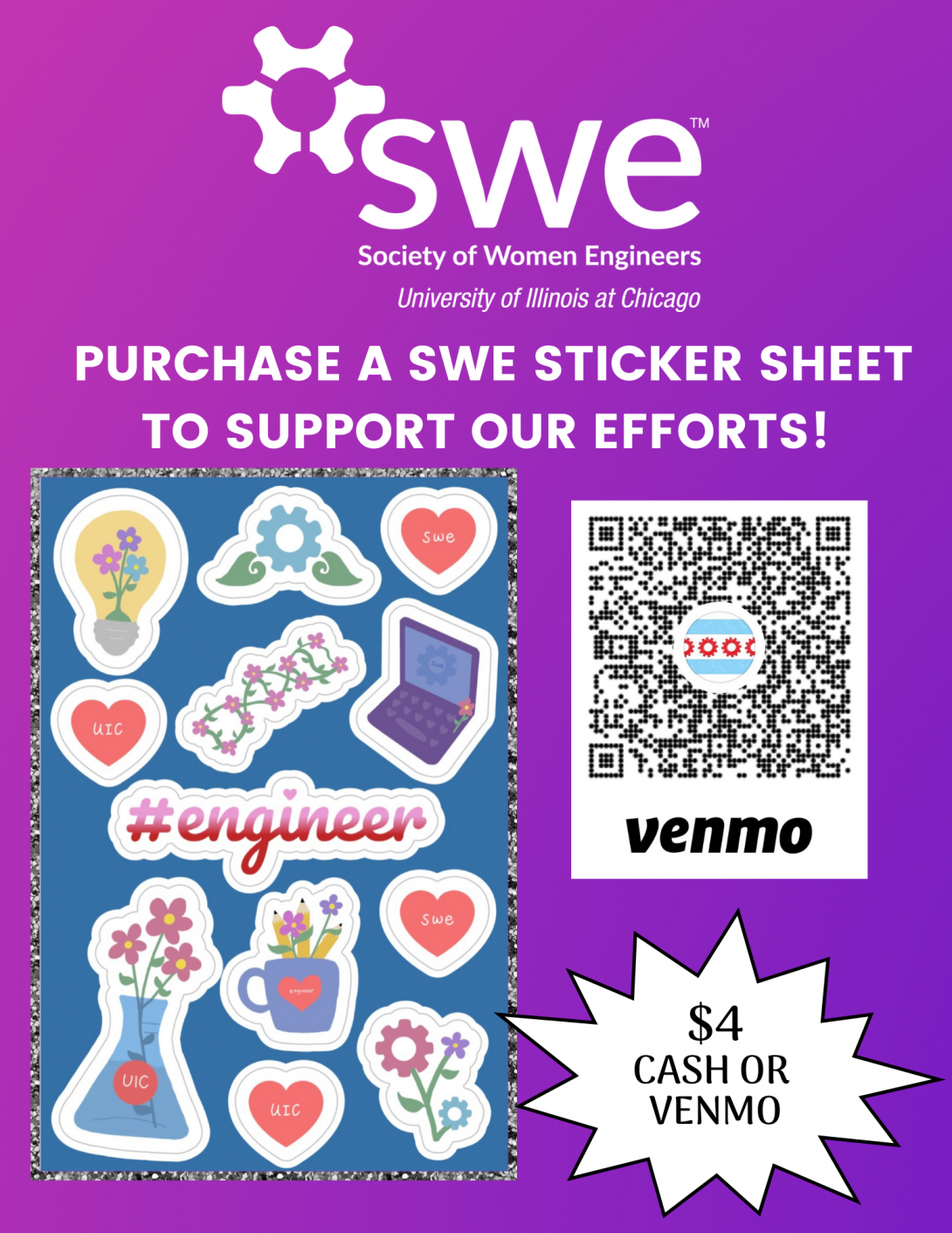 purple, pink gradient background, sticker sheet, venmo QR code, $4 cash or venmo pop up
